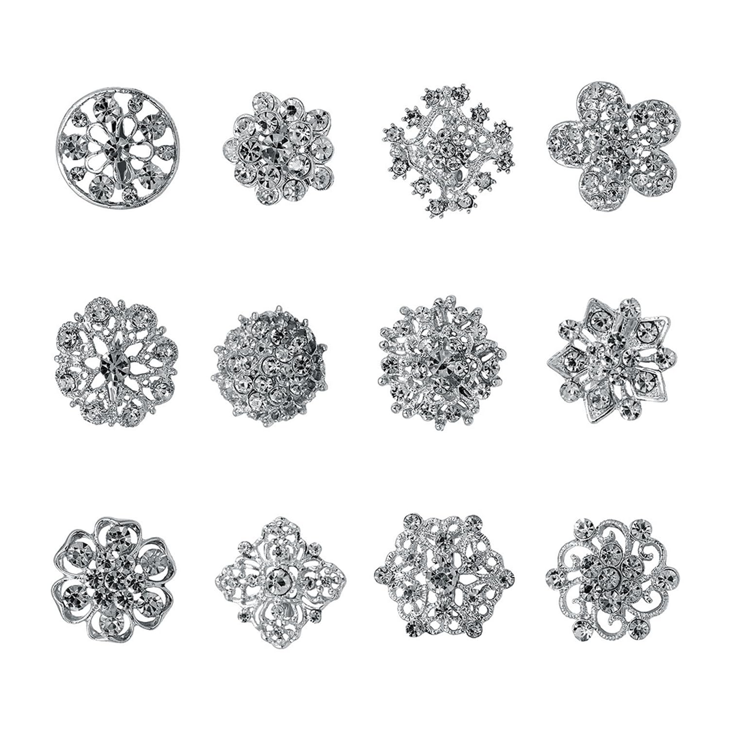 Luckious 12 PCS Crystal Button Brooches - Rhinestone Scarf Buckle, Floriated Brooches Pins for DIY Corsage Bouquets - Hand Bouquet Costume Accessories