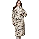 DJBM Women Faux fur Leopard Lapel Maxi Coat Cardigan Sexy Elegant Garment Pocketed with Belt for Winter Outdoor