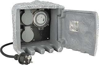 UNITEC Steckdosenverteiler für den Garten in Steinoptik, Gartensteckdose, Außensteckdose, IP 44, 2 Steckdosen Würfel und ZSU