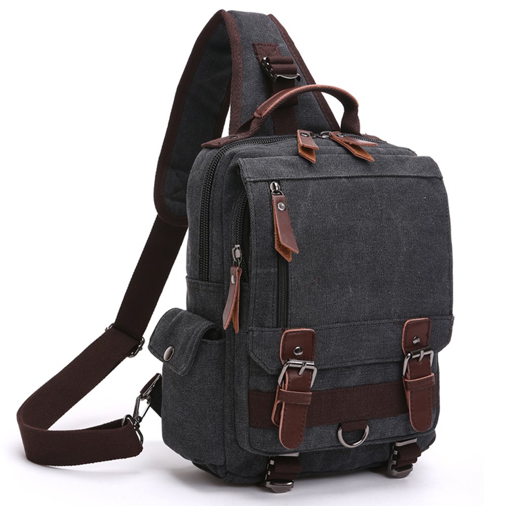 Fresion High Quality Mens Chest Pack Canvas Shoulder Satchel Messenger Bag for Daily Use （Black））