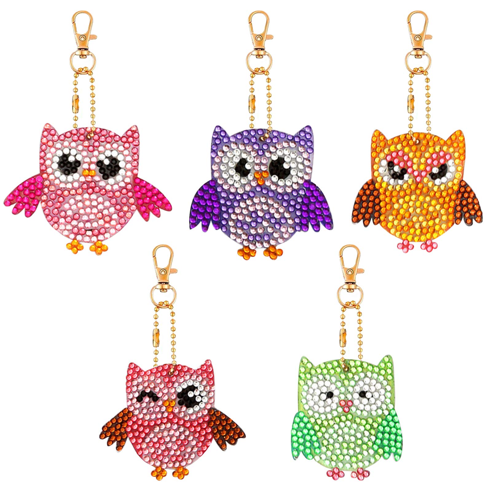 SUNNYCLUE 1 Set 5Pcs 5D Diamond Art Painting Keychain Kit Owl Diamond Art Painting Keychain DIY Handmade Full Diamond Art Painting Decorative Accessories for Adult Craft Projects