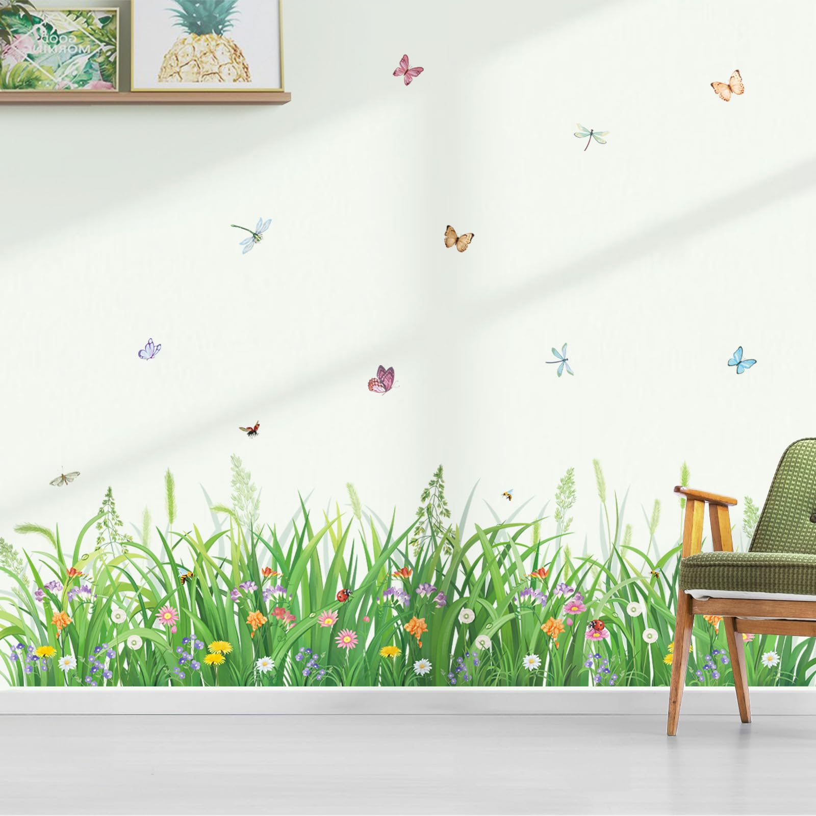 Photo 1 of decalmile Green Plant Grass Flowers Wall Corner Decals Butterflies Floral Baseboard Skirting Line Wall Stickers Baby Nursery Living Room Bedroom Wall Decor