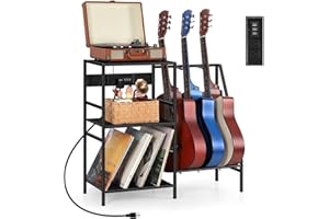 VRISA Guitar Stands Floor Electric Guitar Accessories with Charging Station Multifunctional Guitar Stands with 3-tier Storage Shelf Music Stand for Guitar Players for Guitar Amp Picks Accessories, Black