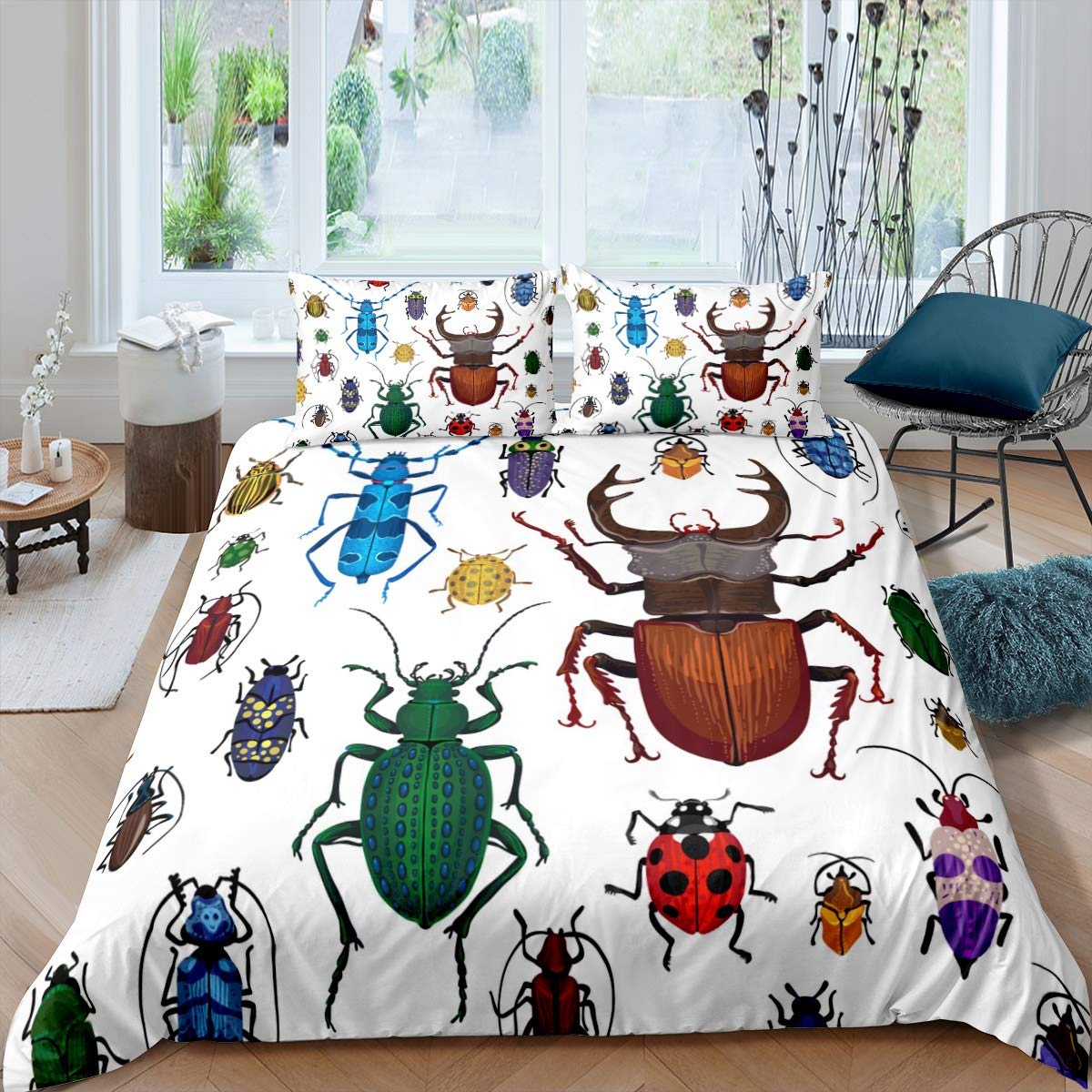 Kids Bug Duvet Cover Flying Insects Pattern Bedding Set for Boys Girls Colorful Beetle Decor Comforter Cover Nature Animal Bedspread Cover 3Pcs Zipper King — image 1