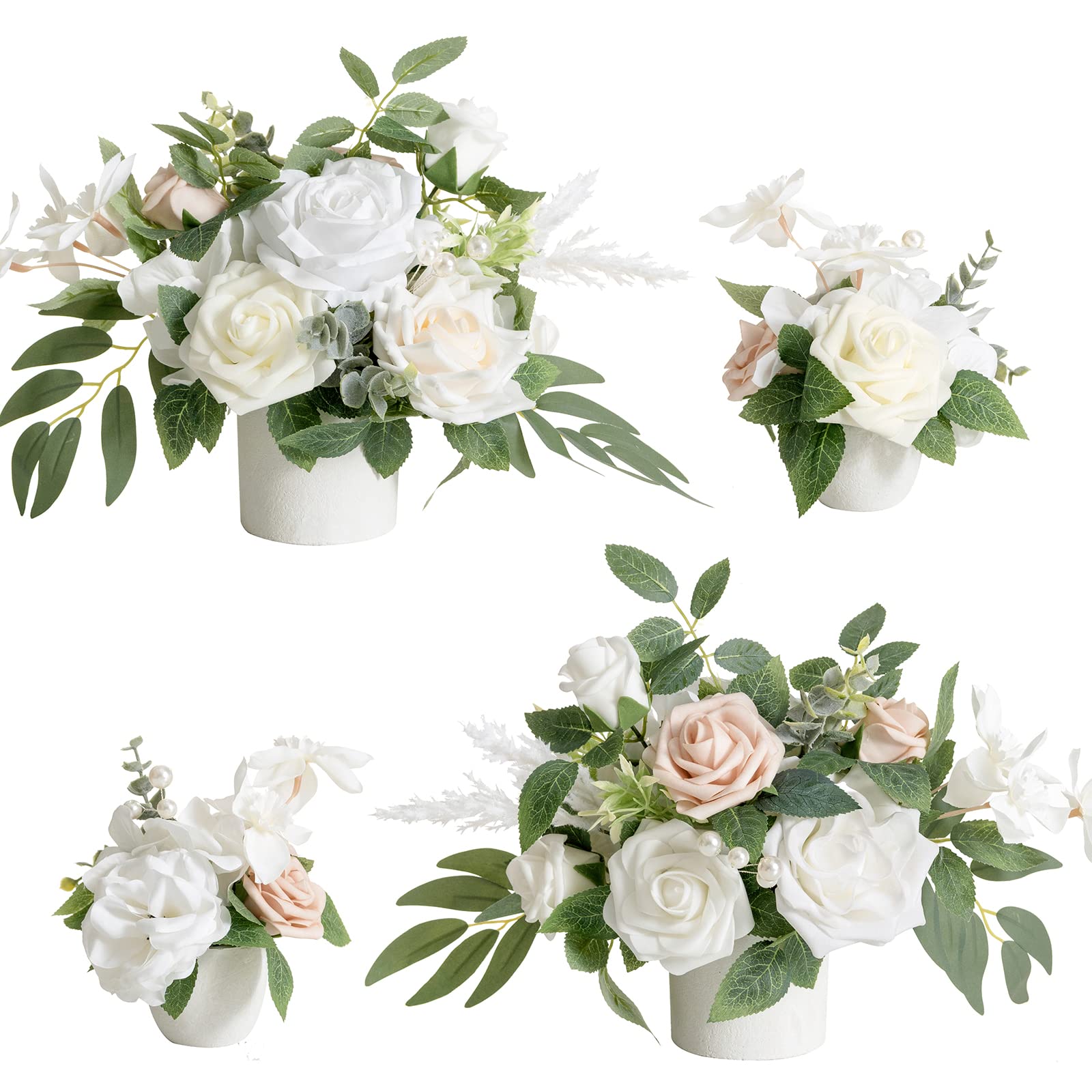 Photo 1 of (partial set) Ling's moment White & Sage Artificial Flowers with Vase Wedding Decor Centerpiece Flower Potted for Ceremony Reception Tabletop Desk Flowers Mantel Archway Aisle, Fake Flowers Set of 4
