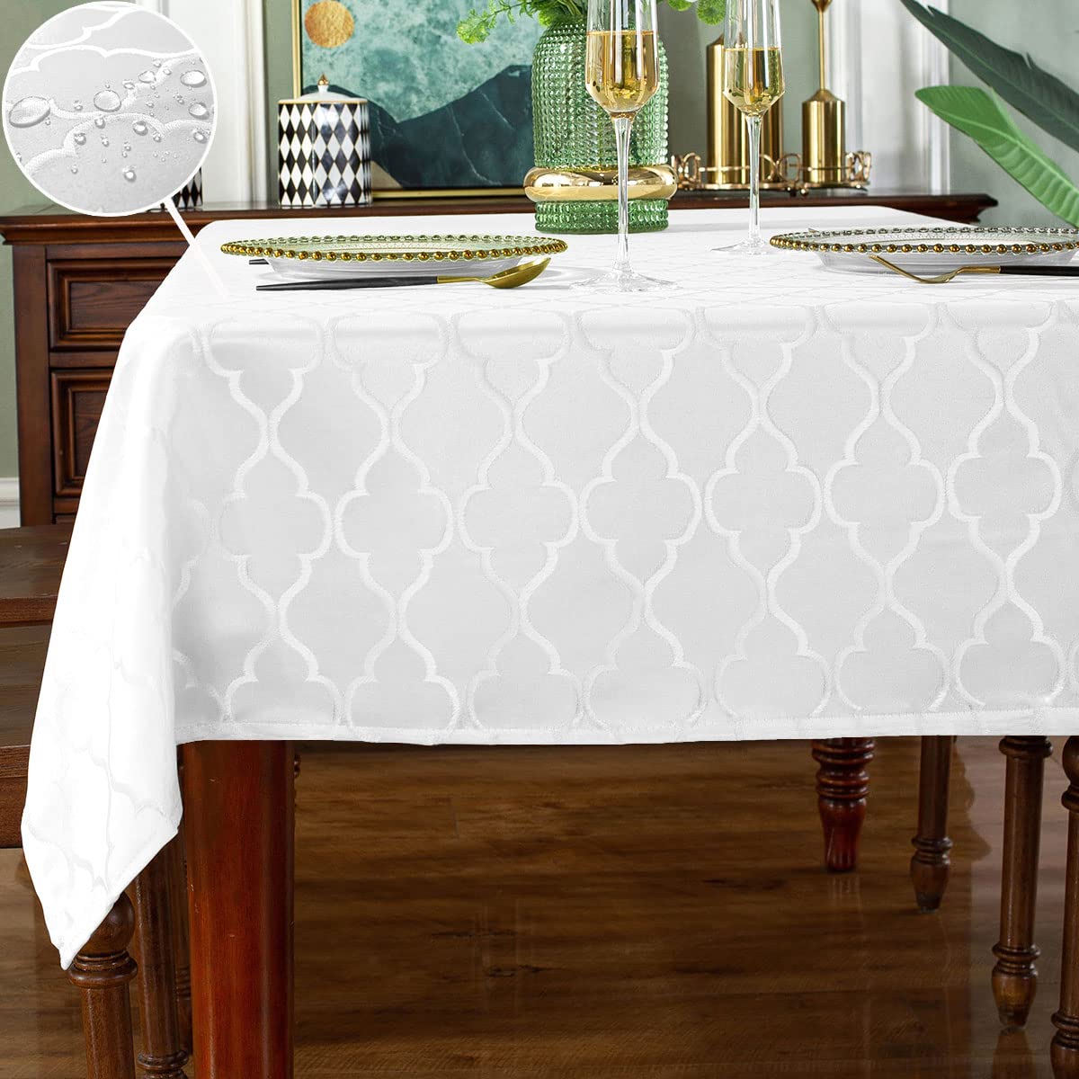 Photo 1 of SASTYBALE Jacquard Tablecloth Damask Pattern Table Cloth Spillproof Wrinkle Resistant Oil Proof Polyester Table Cover for Indoor and Outdoor Use (Rectangle/Oblong, 60" x 84" (6-8 Seats), White)