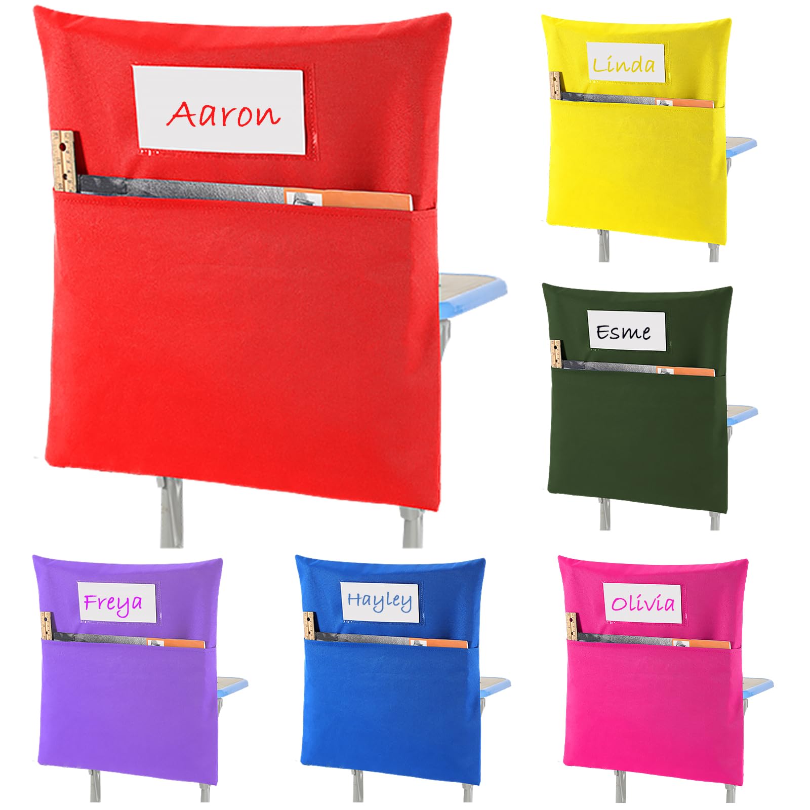 Photo 1 of Sanwuta 48 Pack Classroom Chair Pockets - Student Chair Pockets Bulk with Name Tag for Kindergarten Classroom or Home School Seating Storage Supplies(15 x 16 Inch,Multicolor)