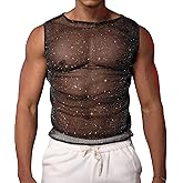 SEAUR Men's Sheer Shiny Tank Top Mesh See Through Sleeveless Sparkly Disco Rave Outfit Sexy Nightclub Vest