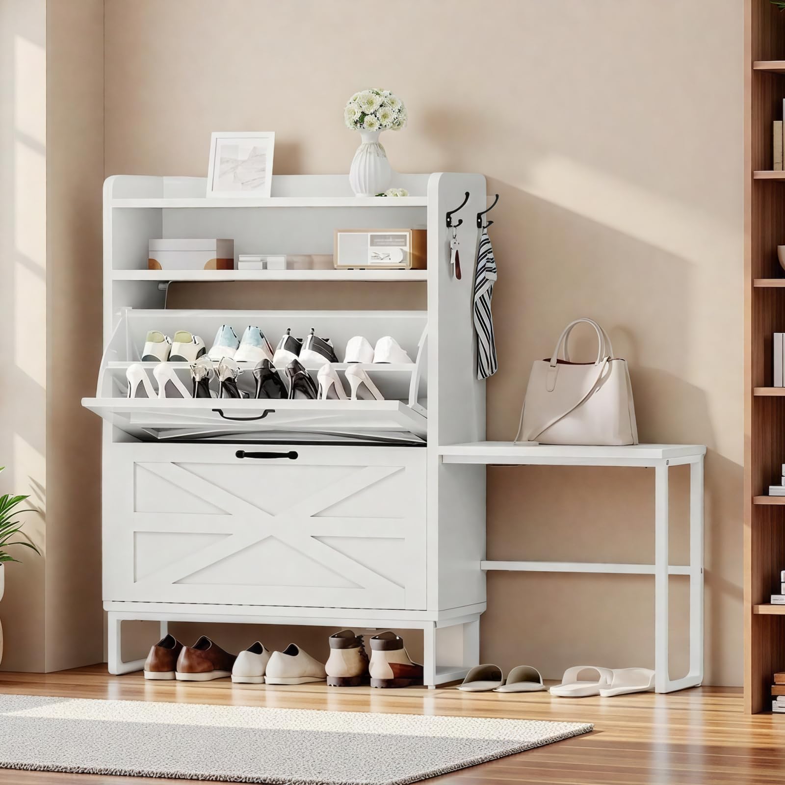 Photo 1 of DWVO Farmhouse Shoe Storage Cabinet with 2 Flip Drawers, Slim Shoe Cabinet for Up to 16 Pairs, Narrow Shoe Rack for Entryway, Living Room, Hallway (White)