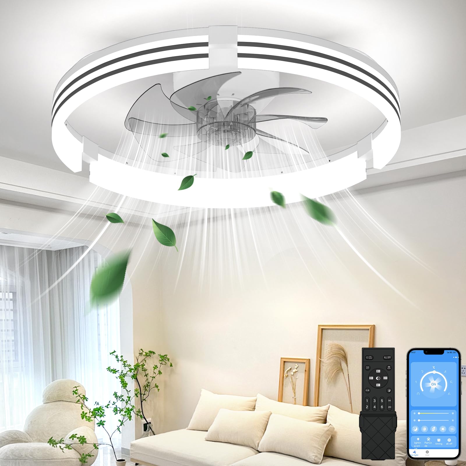 Photo 1 of Aphyni Ceiling Fans with Lights and Remote, 19.7" White Low Profile Ceiling Fan, Modern Flush Mount LED Fan Light, 6 Wind Speeds Fandelier Ceiling Fan with Light for Bedroom, 3000-6500K Dimmable