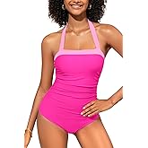SHEKINI Women Halter One Piece Swimsuit Retro Tummy Control Bathing Suit Backless Vintage Swimwear