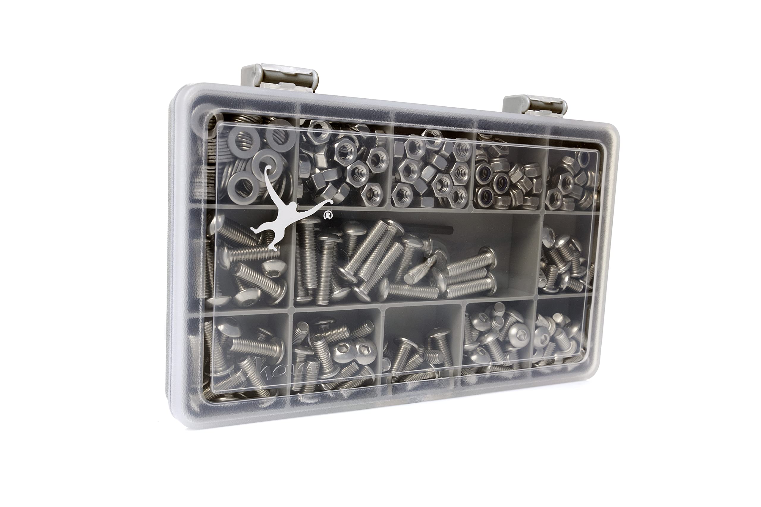 Set of 300 M5 Allen Socket Button Head Machine Screws, Nuts, Washers with Allen Key -ISO 7380- A2-70 (304 Grade) Stainless Steel; Sturdy Recycled Compartment Box