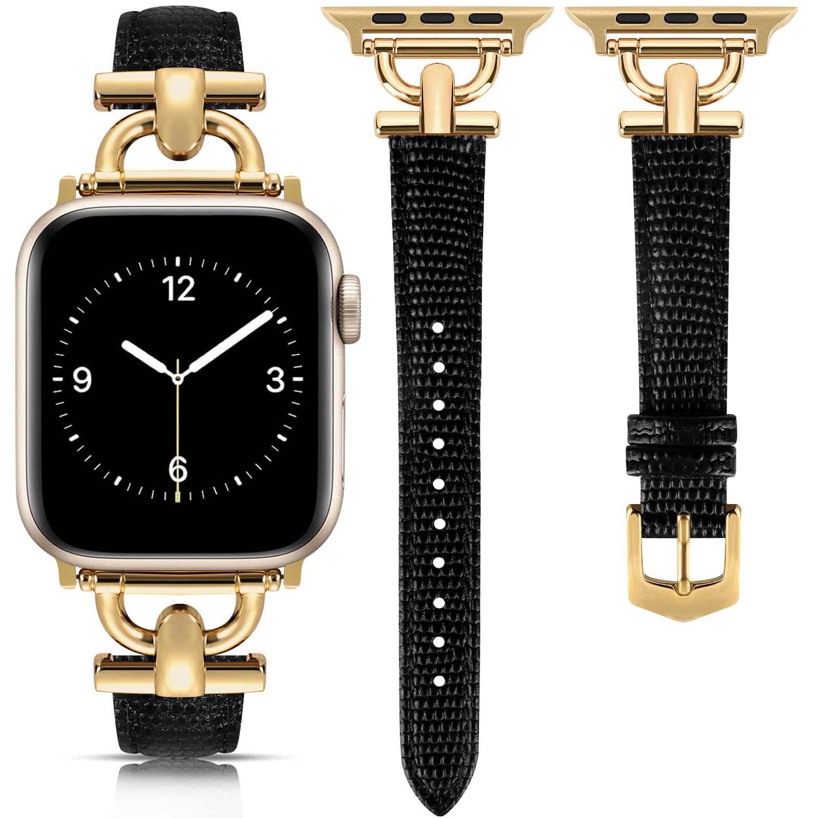 mxiixnai Leather Strap Compatible with Apple Watch Straps 41mm 40mm 42mm 38mm Women, Slim Thin Leather Replacement Strap for iWatch Bands Series 10 9 8 7 6 5 4 3 2 1 SE,Lizard Black/Gold
