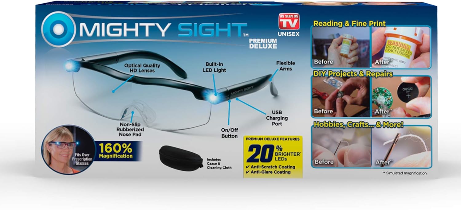 Mighty Sight Magnifying Glass with LED Light & Travel Case - Magnifying Glasses for Close Work - Computer Glasses for Women, Men's Reading Glasses, Eye Glasses with Work Light - As Seen on TV: Clothing