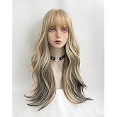 WKLOUYHE Long Wavy Wig for Women Synthetic Curly Wig with Bangs Fibre Cosplay Wig for Women Daily Use Colorful Wigs (Gold+Black)