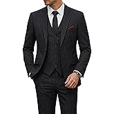 YND Men's 3 Piece Suit Set with Tie, 2 Button Slim Fit Solid Blazer Jacket Vest Pants, Business Wedding Party Suits for Men, Black - White Stripe