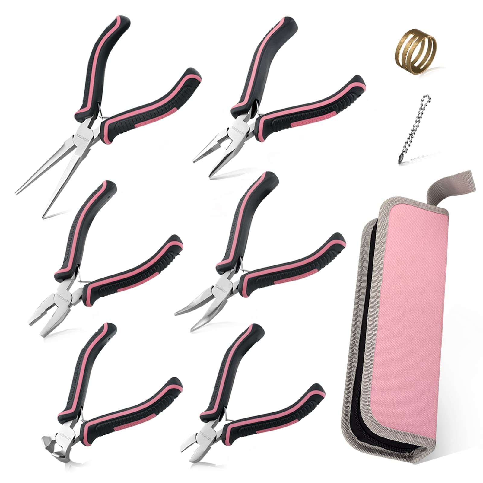 LEONTOOL 6 Pcs Mini Pliers Set Needle Nose Plier End Cutting Pliers Long Reach Curved Jaws Diagonal Cutting Pliers Linemans Pliers for Jewelry Making, Pink, with Pouch