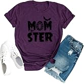 Momster T Shirt Women Funny Halloween Spider Bat Graphic Tee Casual Mom Ster Letter Print Fall Pumpkin Tops