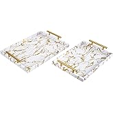 UPPER DECOR Modern Decorative Tray Set of 2 - White and Gold Marble Wood Serving Tray with Gold Polished Metal Handles for Ottoman, Coffee Table, Bathroom and More