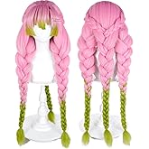 Wiggy Mermaid Mitsuri Wig for DS Cosplay Long Pink Green Braids Pigtails Wig with Cap for Halloween Costume