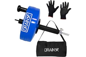 DrainX 35-FT Steel Power Pro Drum Auger Plumbing Snake with Drill Attachment | Use Manually or Powered | Heavy Duty Cable with Work Gloves and Storage Bag Included