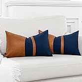 Vfuty Set of 2 Navy and Brown Decorative Throw Pillow Covers 12x20 Inch Faux Leather and Cotton Patchwork Pillow Cover,Modern Farmhouse Accent Pillow Case for Living Room Couch Bed Boho Decor