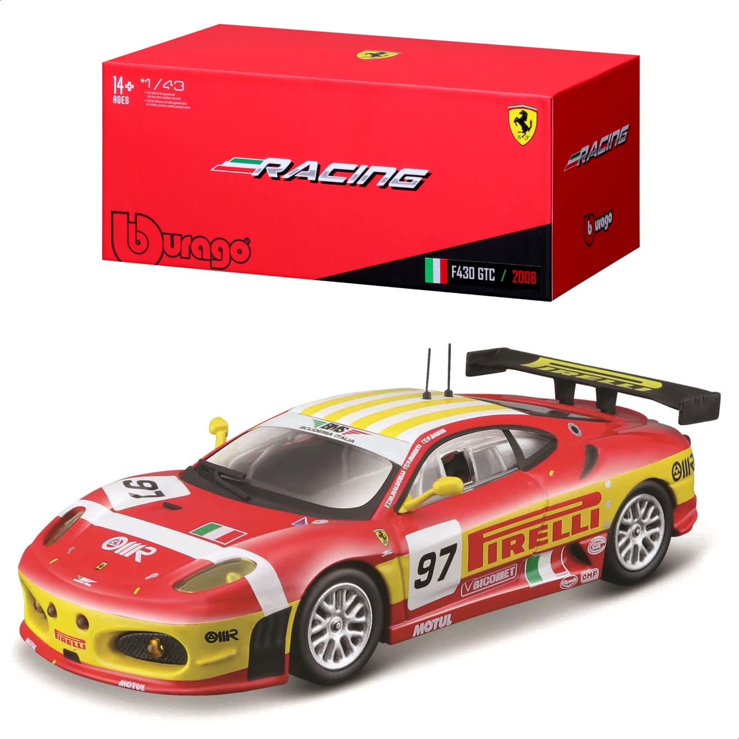 Bburago FERRARI RACING F430 GT2 2008 Super Car – 1:43 Scale – Incredibly Detailed Die-Cast Replica Collectible Model Vehicle, Red