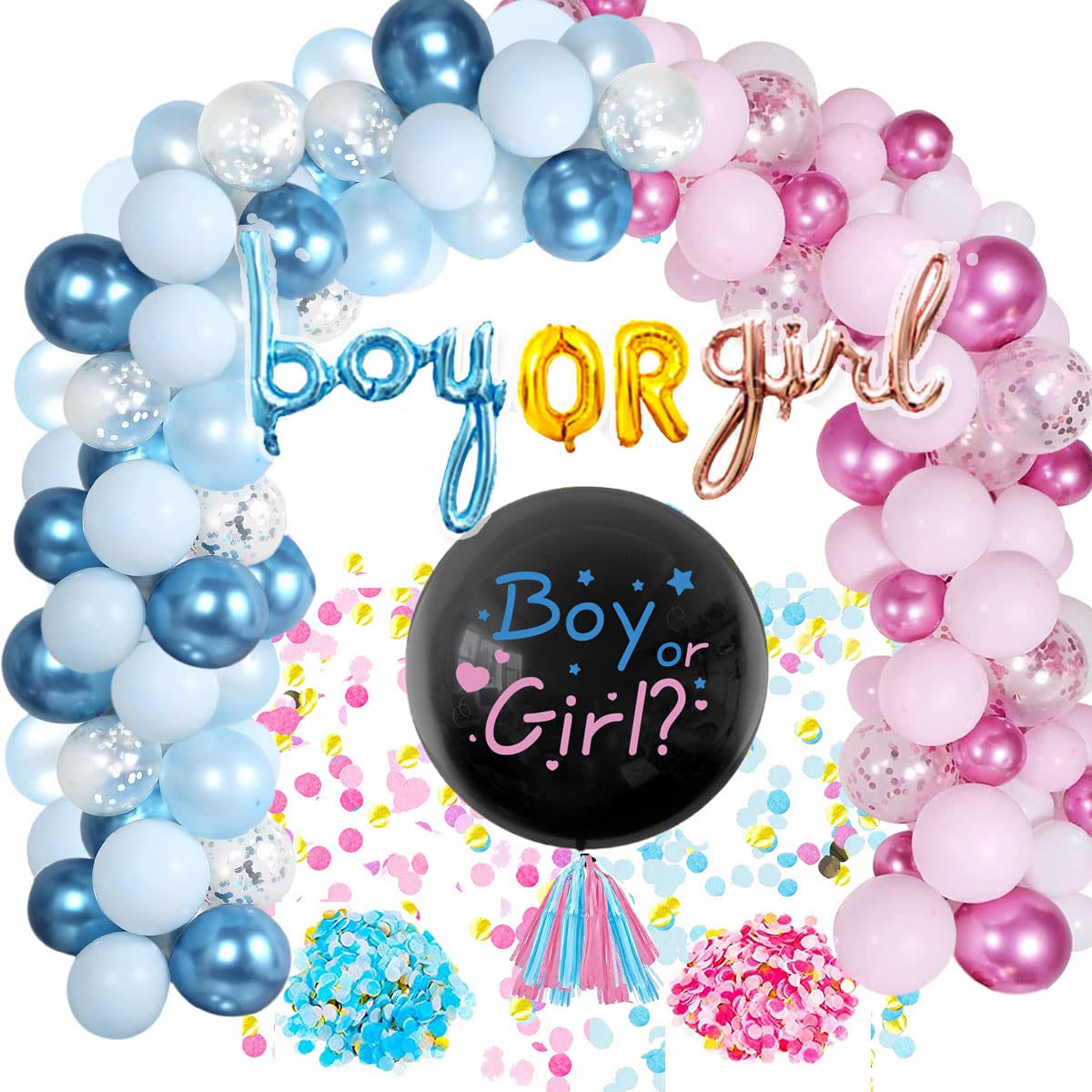 Gender Reveal Decorations, Boy or Girl Gender Reveal Balloons 36 inch with Confetti, Metallic Blue Pink Gender Reveal Balloons Arch Garland Kit for Baby Shower Gender Reveal Party Decoration
