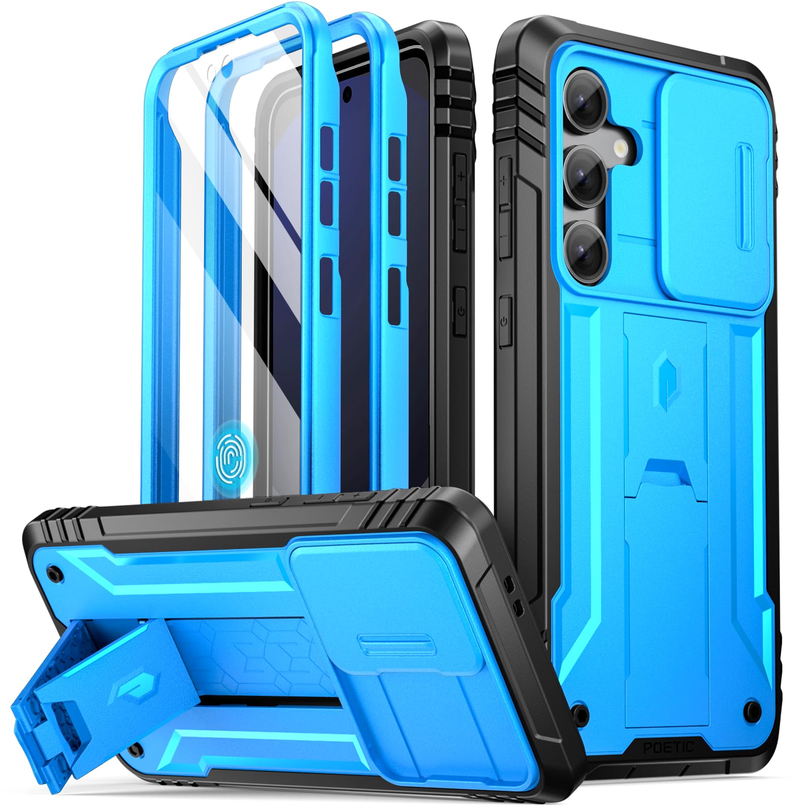 Poetic Revolution Case for Galaxy S24 FE 5G 2024, [Slide Camera Cover], Built-in Screen Protector Work with Fingerprint ID, Full Body Military Grade Rugged Shockproof Case with Kickstand, Light Blue