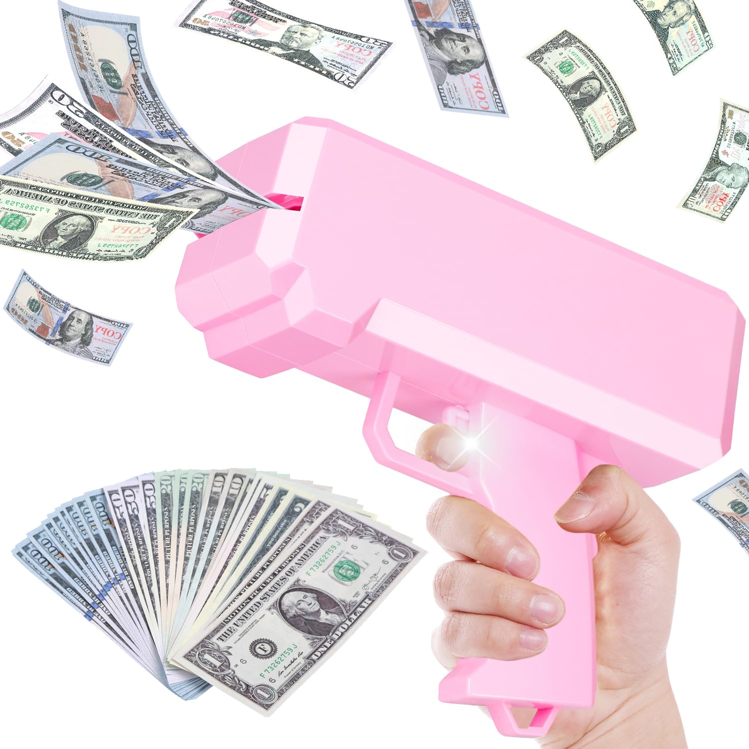 Money Gun Shooter and Prop for Movies, Handheld Cash Gun Paper Playing Dispenser for Party, Pretend Play Toy Gun (Pink)