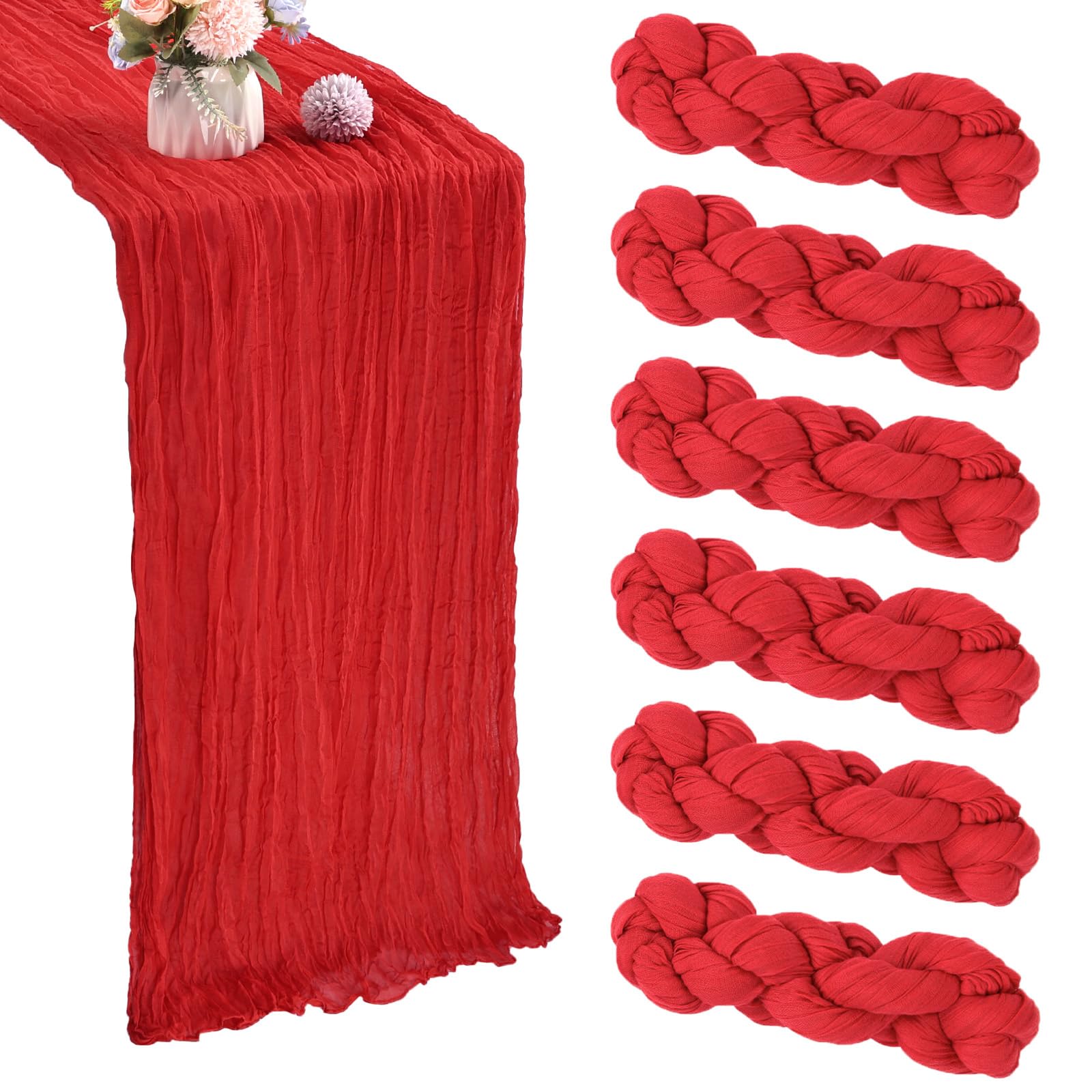 Photo 1 of 6 Pack 10FT Red Cheesecloth Table Runner 35x120 Inch Gauze Rustic Boho Table Runner Cheese Cloth for Wedding Decor Birthday Party Bridal Baby Shower Table Centerpiece Decoration