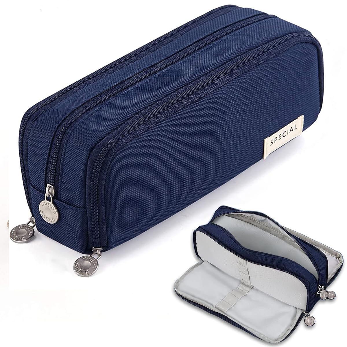 SeBeLi Pencil Case, Big Capacity 3 Compartments Canvas Makeup Cosmetic Pouch for Teen Boys Girls School Students Office (Navy Blue)