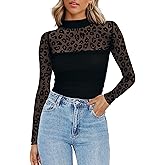 Zeagoo Womens Mesh Sheer Long Sleeve Top Mock Turtle Neck See Though Shirts Ruched Sexy Casual Going Out Blouses