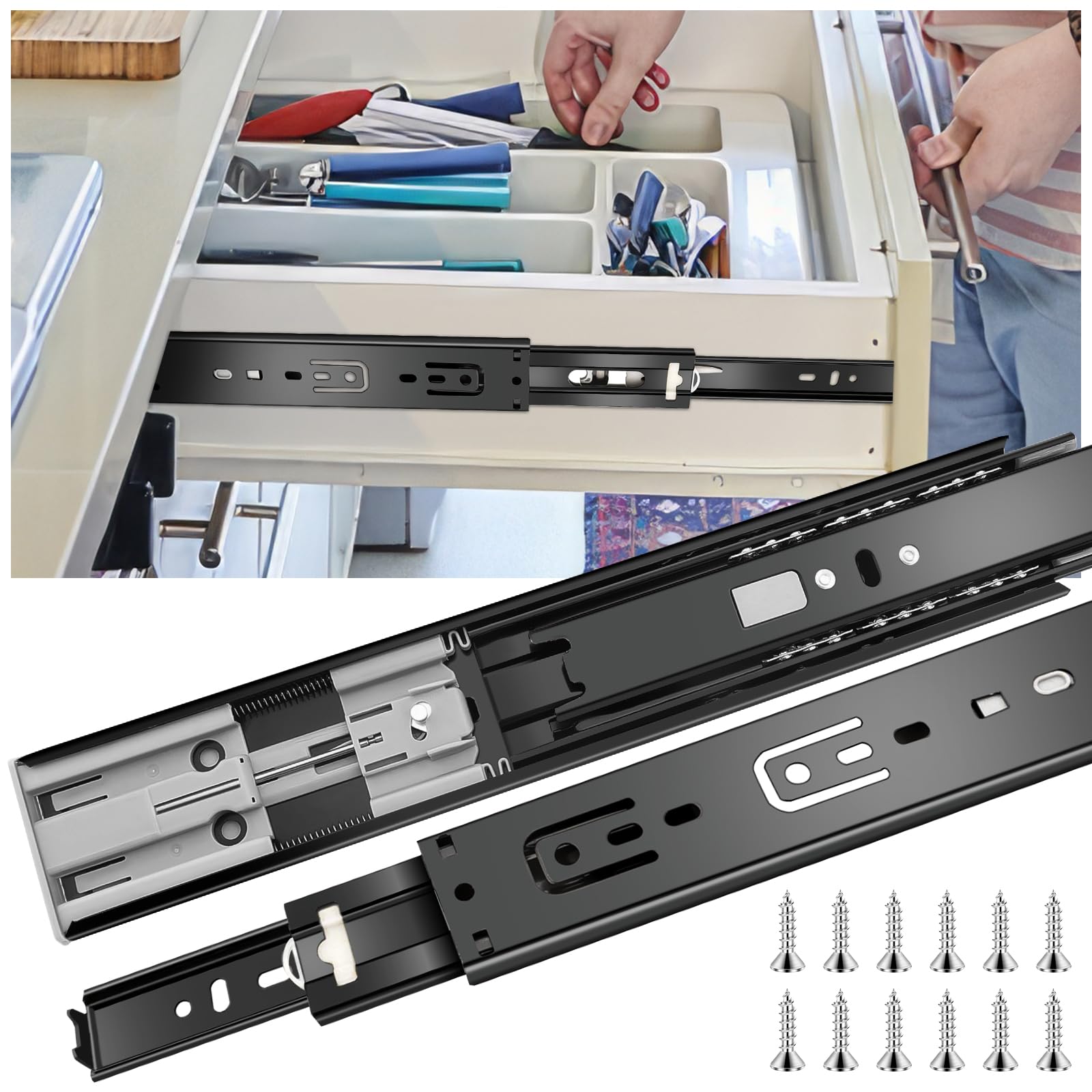 Photo 1 of 14 inch Drawer Slides 6 Pairs (12pcs) Soft Close 3 fold Full Extension Side Mount Cabinet Drawer Glides 14" Black Cabinet Rails for Dresser, Cabinet, Kitchen 100 LB Capacity