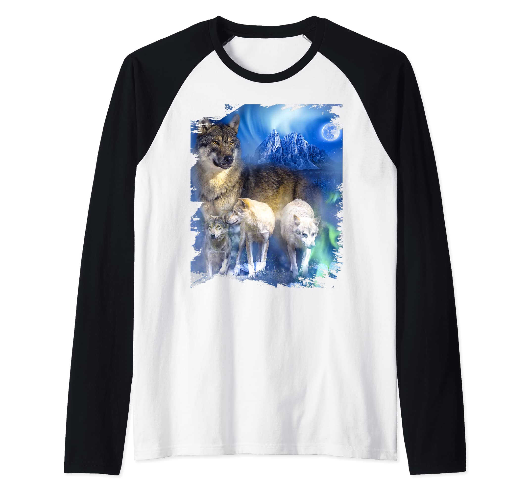 Snow Wolf In Northern-Lights Forest, Moon Wolves Raglan Baseball Tee