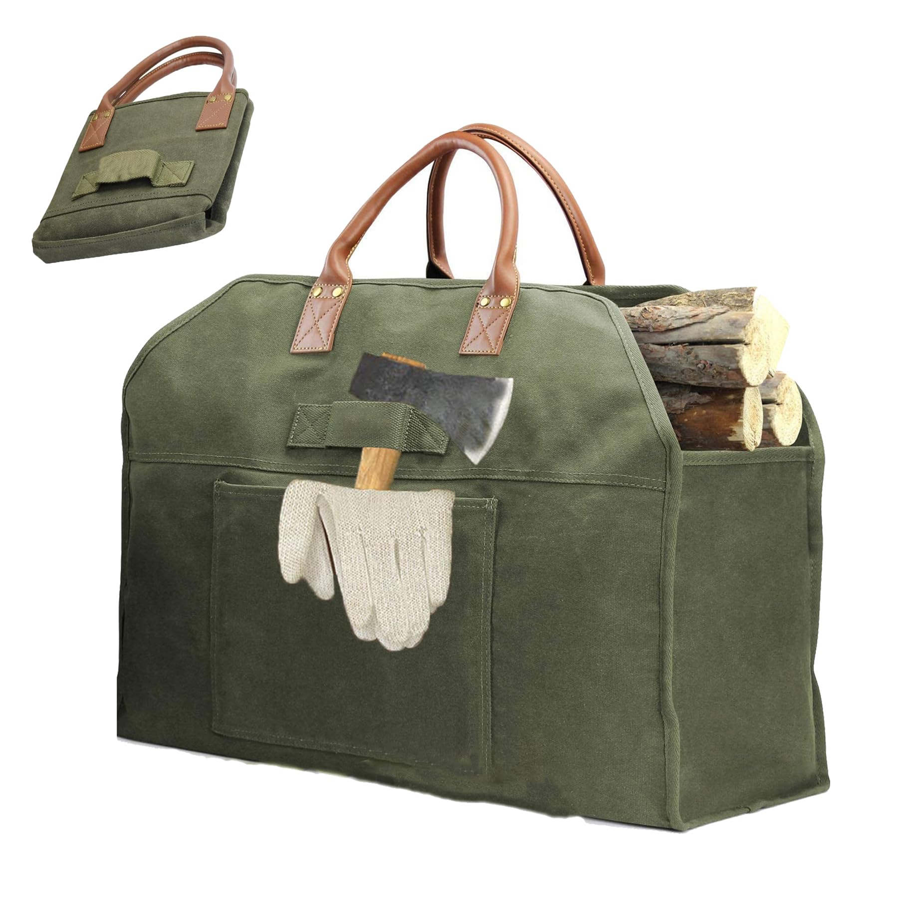 Micmetago Large Foldable Firewood Basket, Olive Green, 60L, 30-40kg Capacity, Waxed Canvas, Rectangular, Rustic, Outdoor