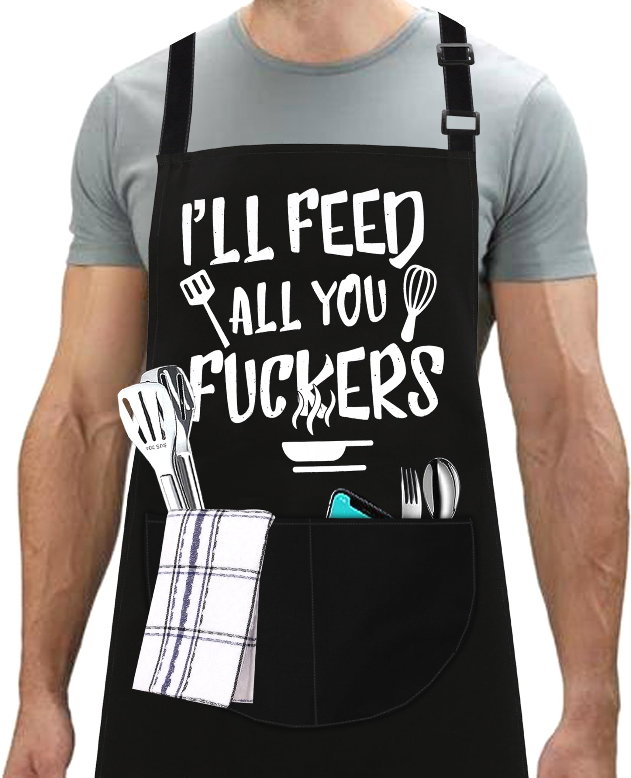 LINEN CLOSET®Funny Gifts for Men Bbq Chef Aprons for Men Rude Black Kitchen Cooking Grilling Aprons for Christmas Cooking Gifts for Dad Son Father Husband with 2 Pockets- I'll Feed All You