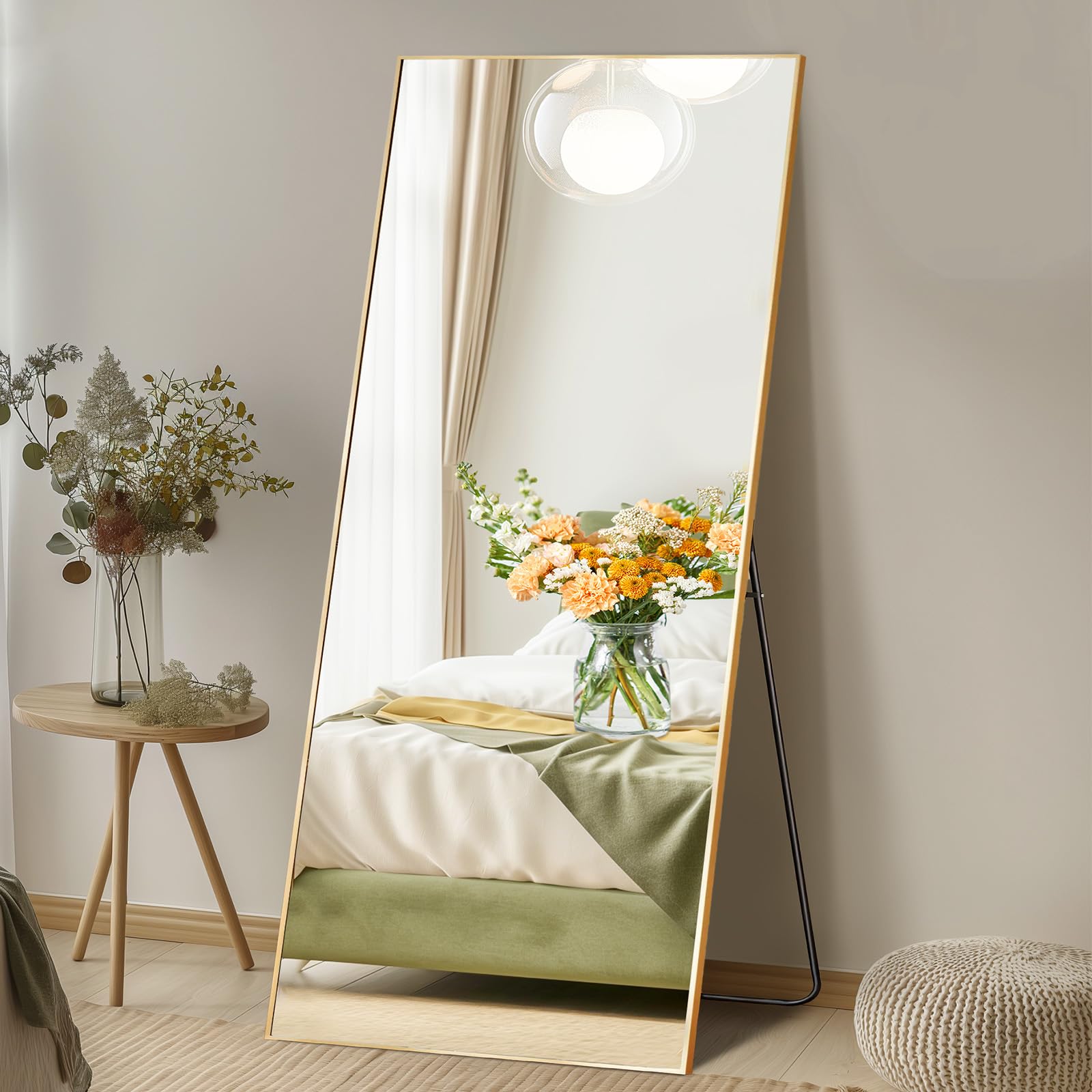 Aidoly Mirror Full Length, Upgraded 24"x65" Body Wall Mirrors with Shatter-Proof Glass, Floor Standing, Hanging or Leaning, Tall Mirror with Stand Aluminum Alloy Frame for Bedroom, Gold Image