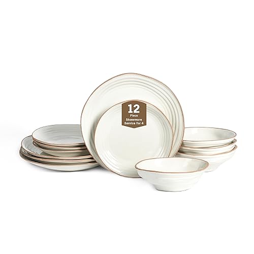 Stone Lain Nami 12-Piece Dinnerware - Stoneware, Plates and Bowls Set, Microwave and Dishwasher Safe, Dish for 4, White