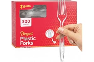 GUSTO [300 Pack] Heavyweight Clear Forks with Engraved Design - Disposable Sturdy Cutlery Set for Parties, Weddings, and Even