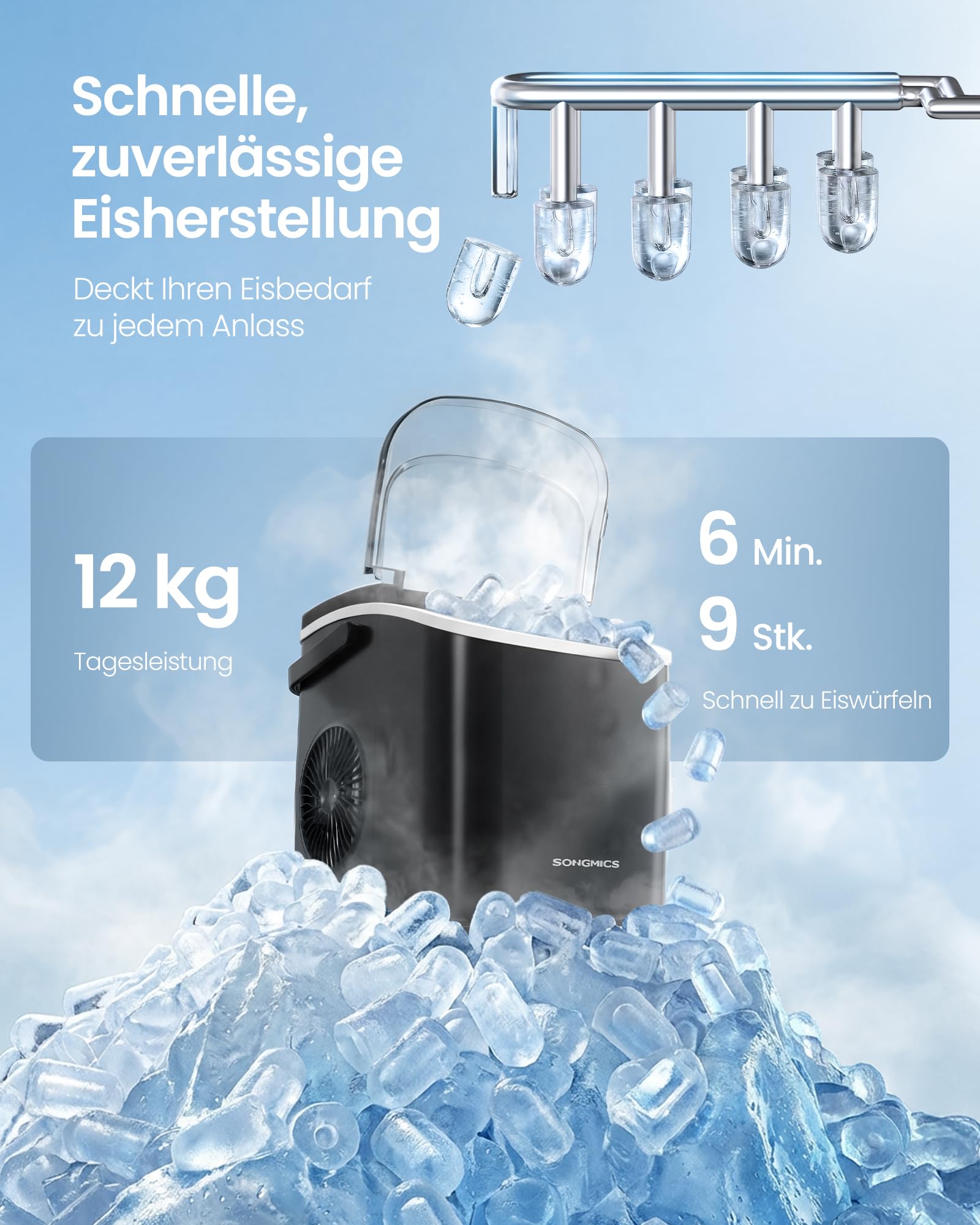 SONGMICS Eiswürfelmaschine, Eiswürfelbereiter, Eismaschine mit Selbstreinigung, in 6 Minuten 9 Würfel in 2 Größen, 12 kg in 24 Stunden, tragbar, Küche, WG, Party, Camping, tintenschwarz XZB001B1EU 3