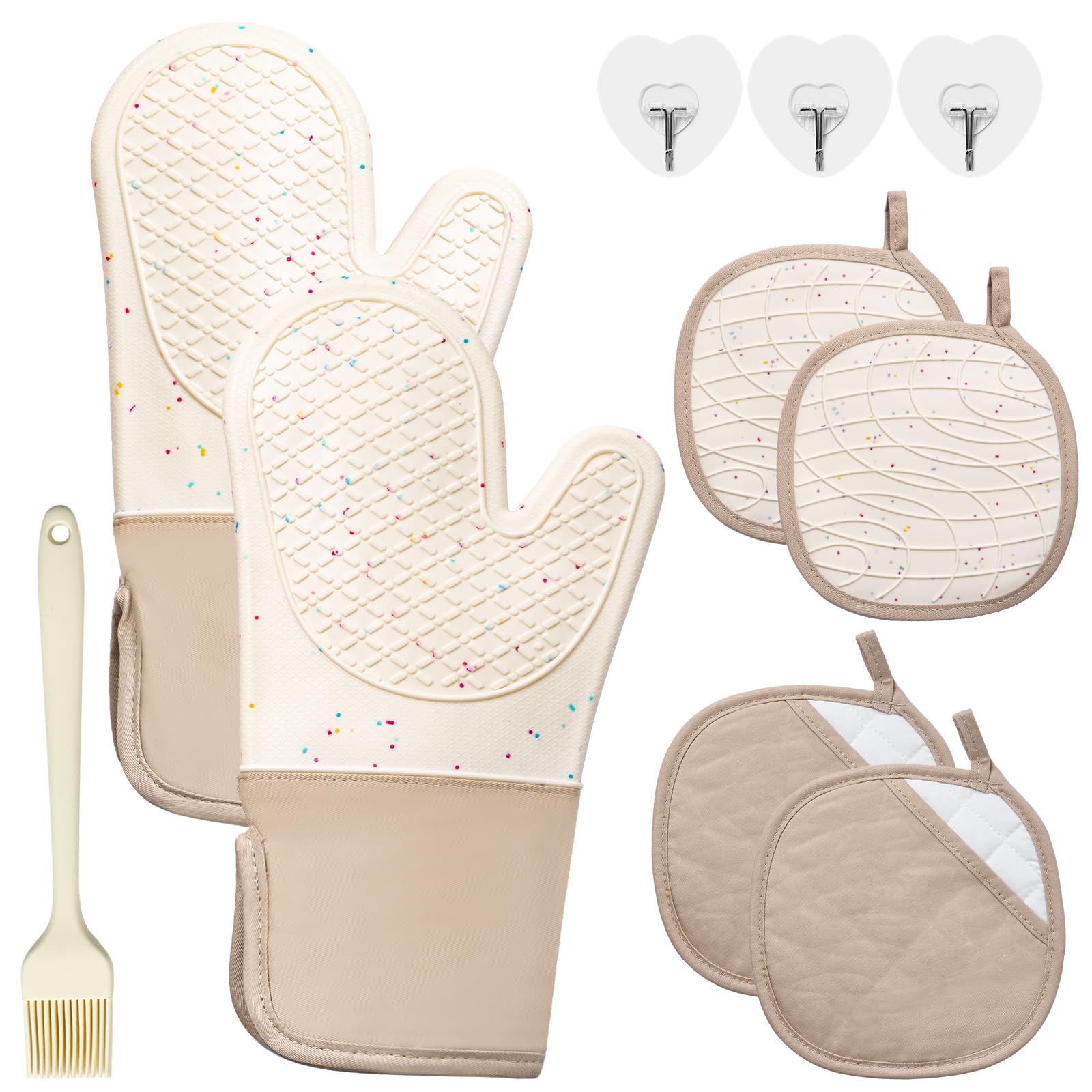 Photo 1 of 7 PCS Kitchen Oven Mitts and Pot Holders Cooking Mittens Heat Resistant 500°F Silicone Oven Mitts Soft Cotton Lining Non-Slip Oven Mittens for Kitchen Baking BBQ Cooking with Hook Up Oil Brush(Cream)