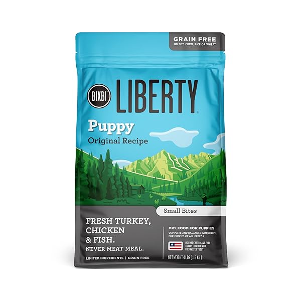 BIXBI LIBERTY GRAIN FREE DRY DOG FOOD, ORIGINAL RECIPE PUPPY, 4 LBS – FRESH MEAT, NO MEAT MEAL, NO FILLERS FOR EASY DIGESTION – USA MADE