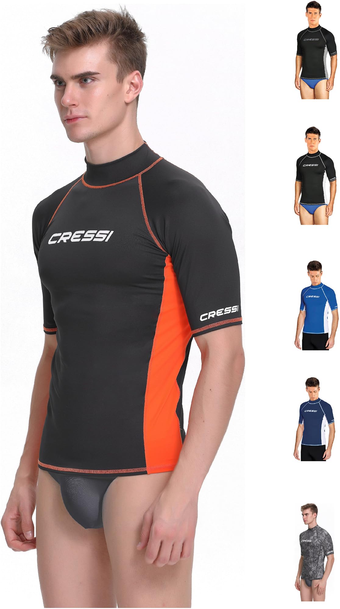 Cressi Since 1946 - Rash Guard Men's Short Sleeves UPF 50+ Sun Protection Shirts Quick Dry for Swimming Surfing Diving Fishing Beach Pool and Water Sports - Black/Orange - L/4 (52)