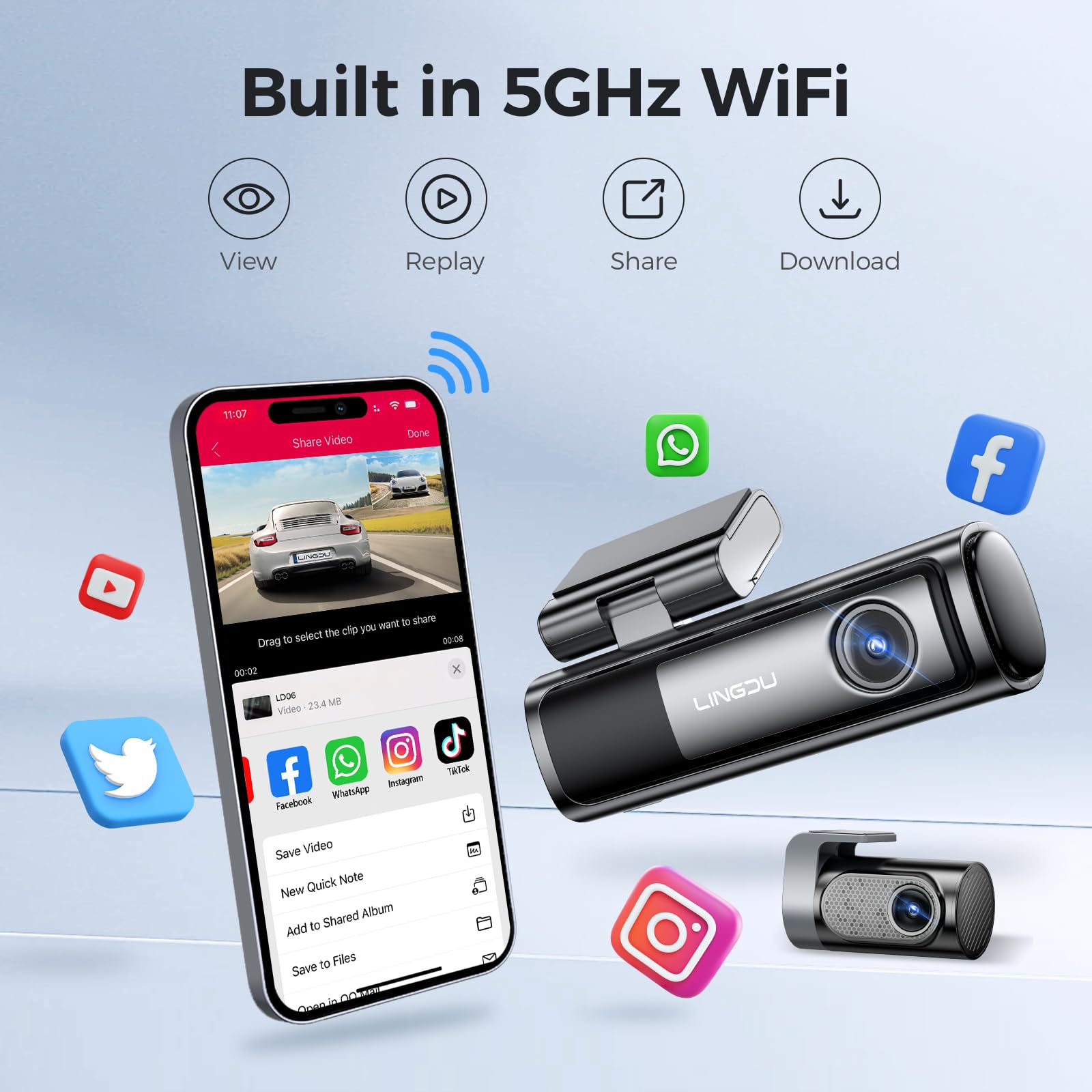 LD06 5G WiFi Dash Cam Front and Rear, 5K Dash Camera for Cars with 64GB SD Card, Night Vision Voice Control, G-Sensor Built-in GPS, 24H Parking Mode Loop Recording, Max Up Support 256GB