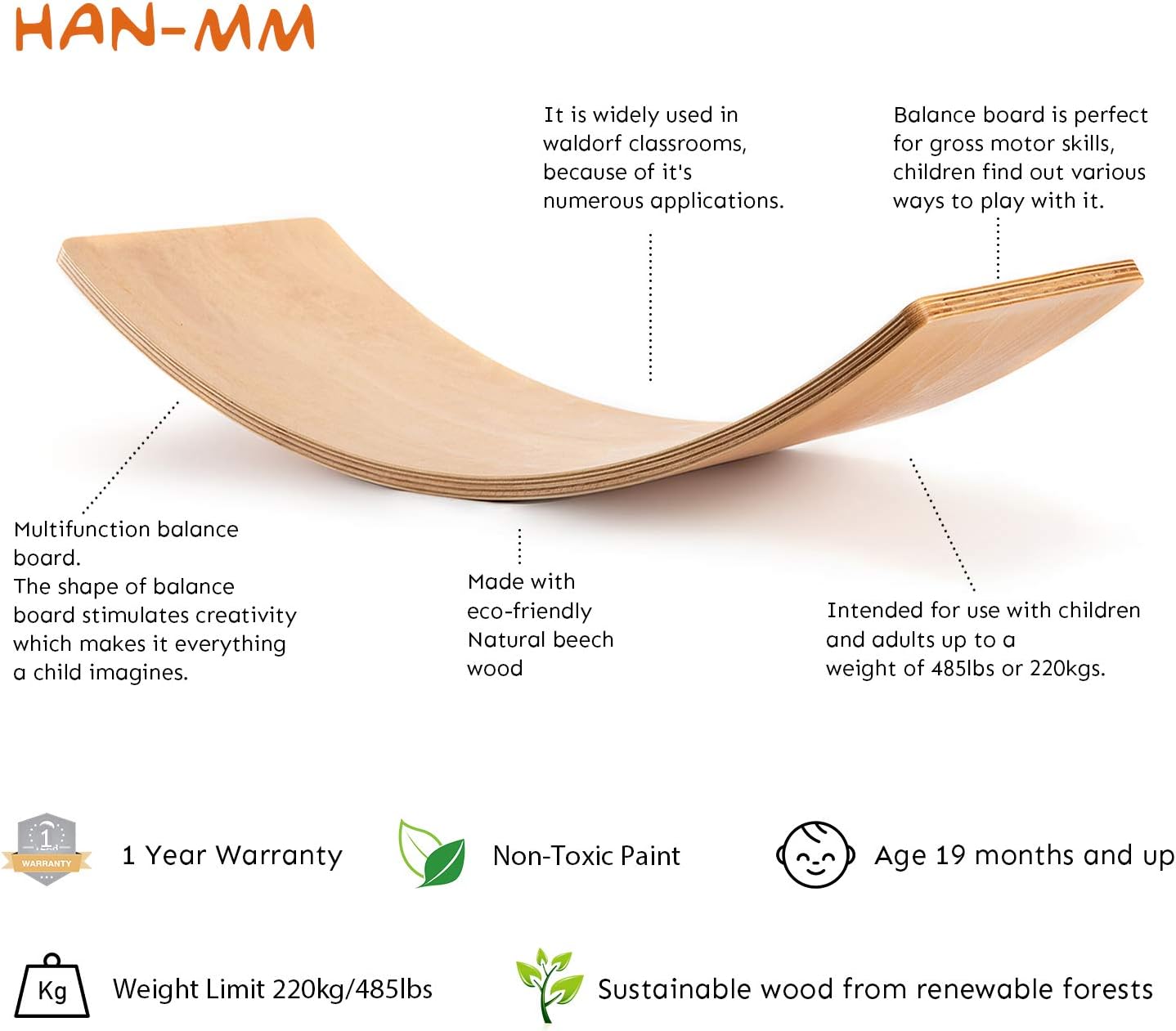 HAN-MM Wooden Wobble Balance Board Waldorf Toys Balance Board Kid Yoga Board Curvy Board - Wooden Rocker Board 35 Inch Kid Size (Natural): Toys & Games