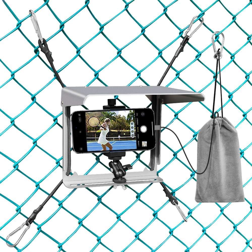 BUMOVE Phone Fence Mount with Shade, Phone Holder Mounting Kit for iPhone, Mevo Start, GoPro and Other Action Cameras, for Recording Baseball, Hockey, Softball and Tennis Games (Silver with Bag)