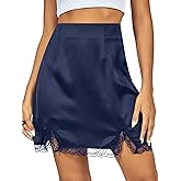 Vrtige Women's Satin Silk Lace Hem High Waist Split Hem Bodycon Mini Short Skirt Navy X-Small