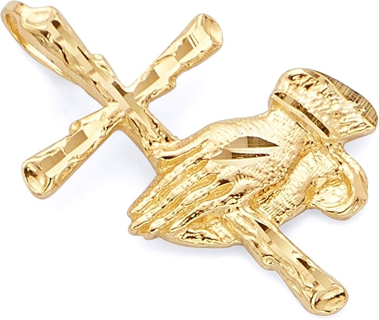 14k Yellow Gold Religious Praying Hand with Cross Pendant