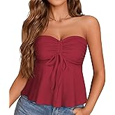 Tube Tops for Women Strapless Tie Front Ruched Tops Peplum Flared Hem Casual Bandeau Top